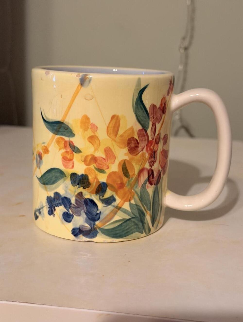 Vintage Gail Pittman Hand Painted Studio Pottery Coffee Mug Floral Yellow Signed